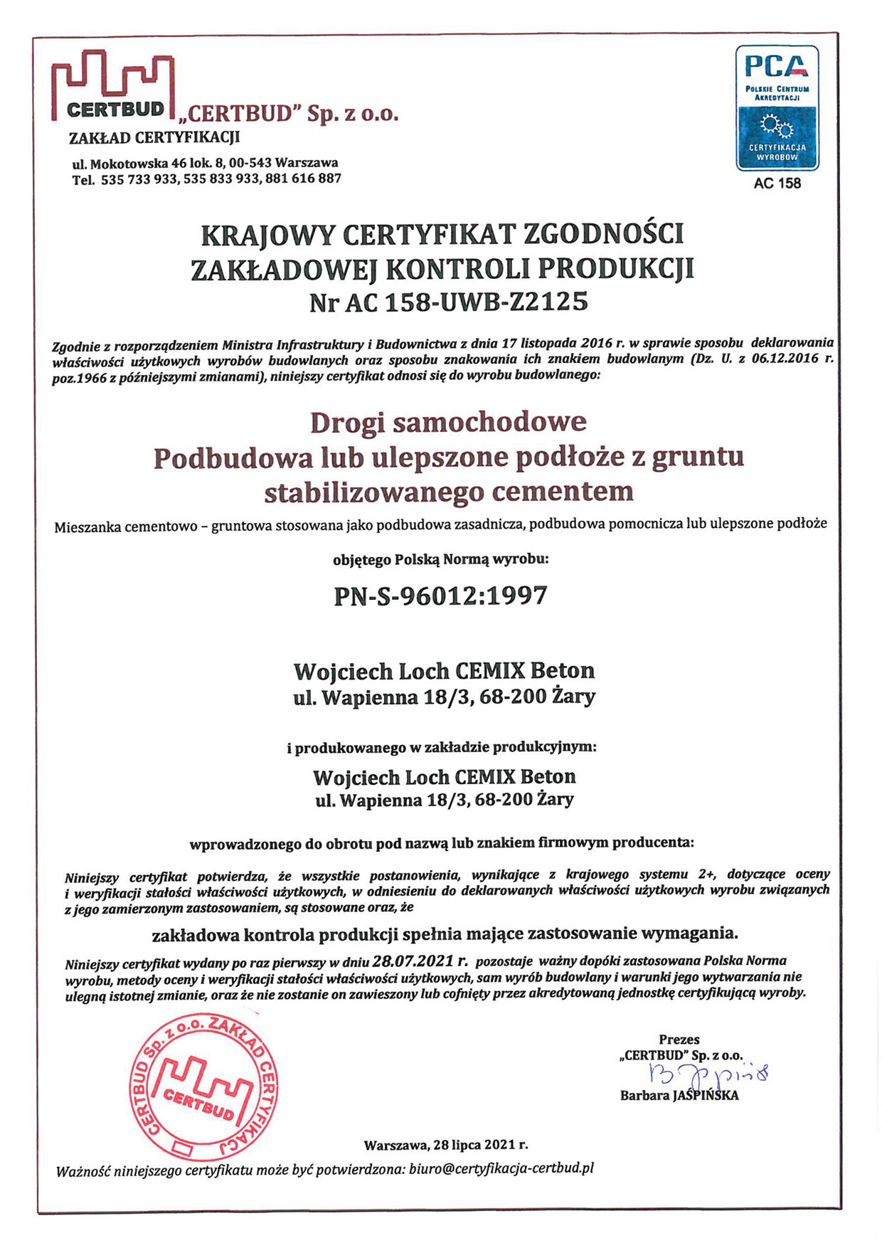 Certyfikacja - CEMIX BETON Żary • Produkcja betonu, beton towarowy, betoniarnia